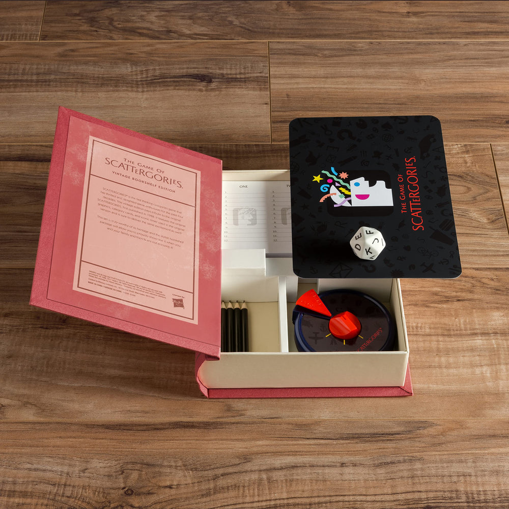 WS Game Company Scattergories integrated storage keeps game pieces organized after play.
