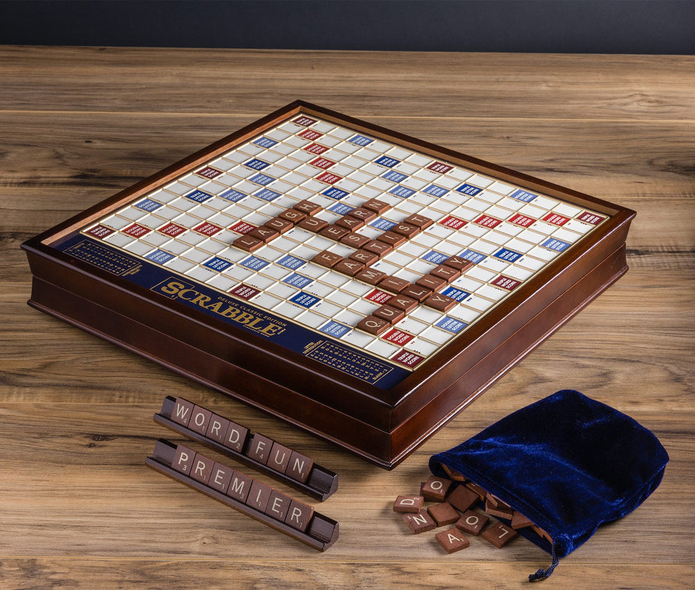 WS Game Company Scrabble Deluxe embroidered pouch stores tiles neatly.
