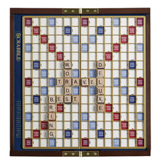 WS Game Company Scrabble Deluxe Travel wooden case offers elegant portability.