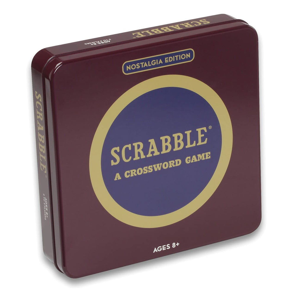 WS Game Company Scrabble Nostalgia Edition collectible tin showing vintage-style design and storage features.