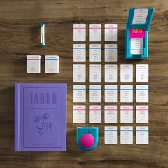 WS Game Company Taboo Vintage Bookshelf Edition—cards spread for fast clue rounds.