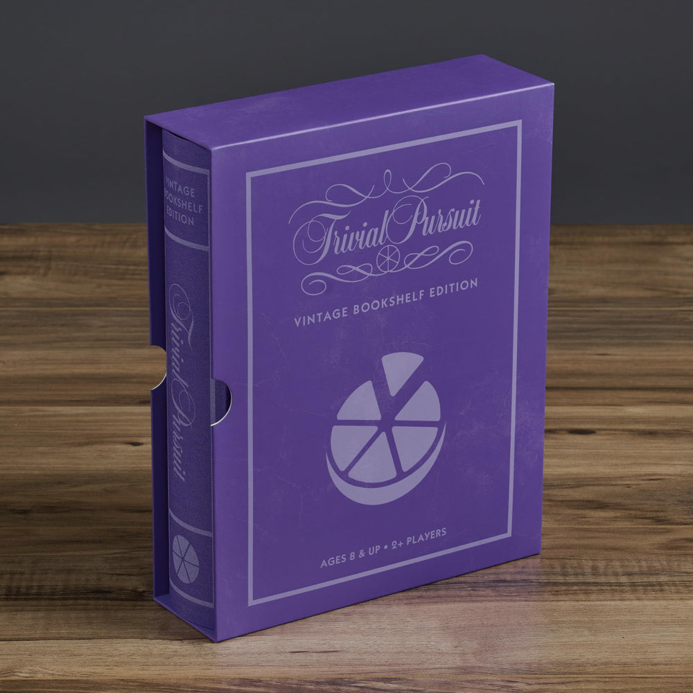 WS Game Company Trivial Pursuit Vintage Bookshelf Edition board and card boxes keep trivia organized.