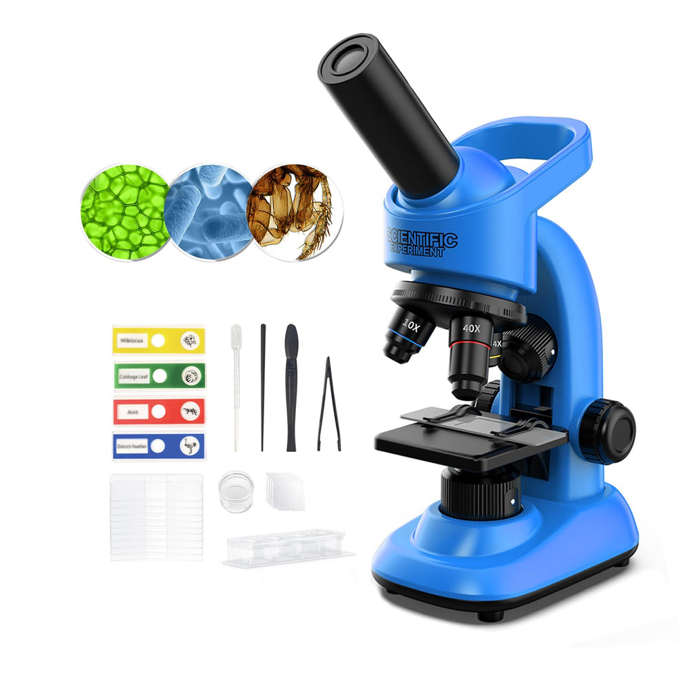 WSDMIC kids microscope in blue showing 40x-1600x magnification for detailed observations.