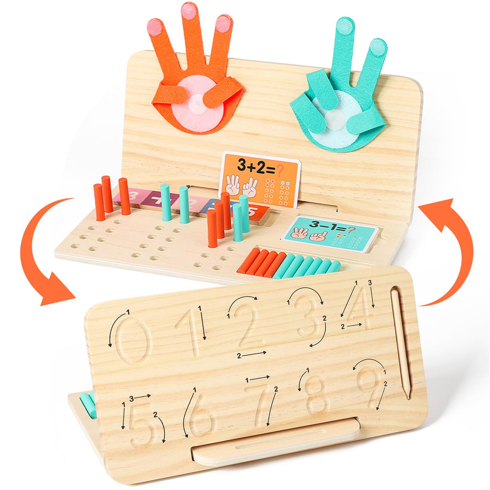 WudBudz Montessori double-sided board for counting and writing practice.
