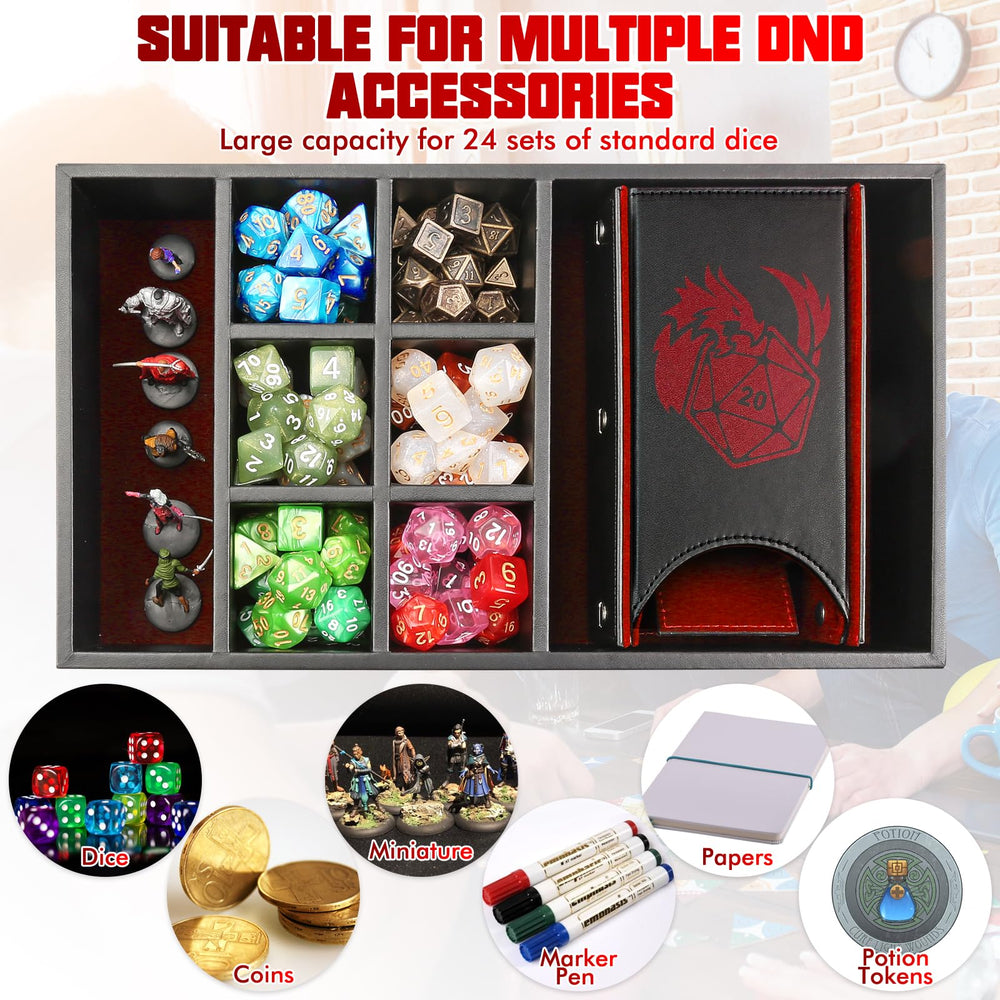 Wunhunew dice storage compartments illustrating ample space for dice and minis