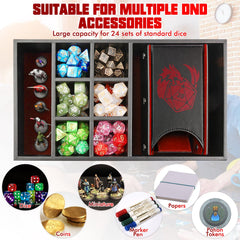Wunhunew dice storage compartments illustrating ample space for dice and minis