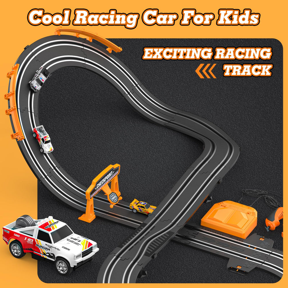 Wupuaait slot car track dual cars remote shows two-player play setup.