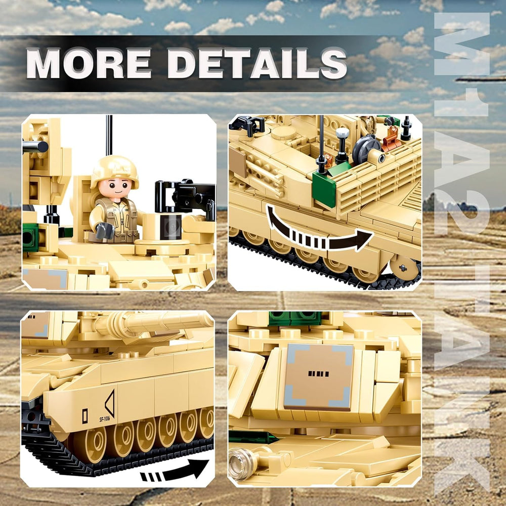 WW2 Army Tank M1A2 set includes two soldiers for imaginative scenes.