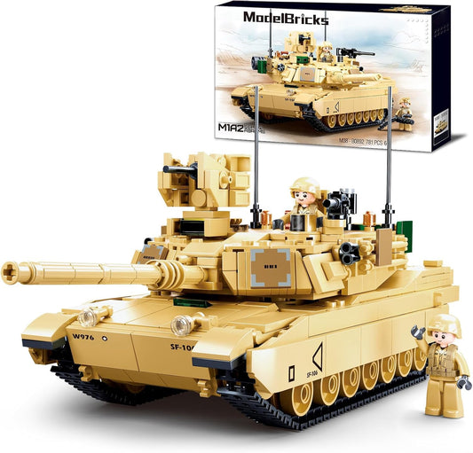 WW2 Army Tank M1A2 brick model with rotating turret for realistic play.