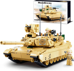 WW2 Army Tank M1A2 brick model with rotating turret for realistic play.