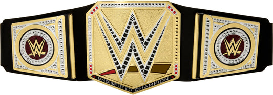 WWE Mattel championship belt close-up shows authentic plates for immersive play.