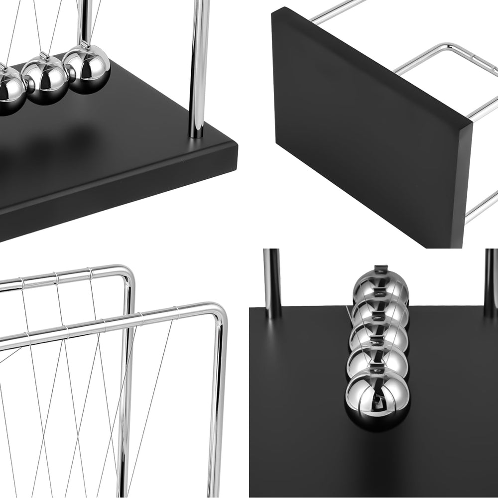 WXBRMCRY Newton's Cradle close-up shows polished steel spheres and a long swing cycle.