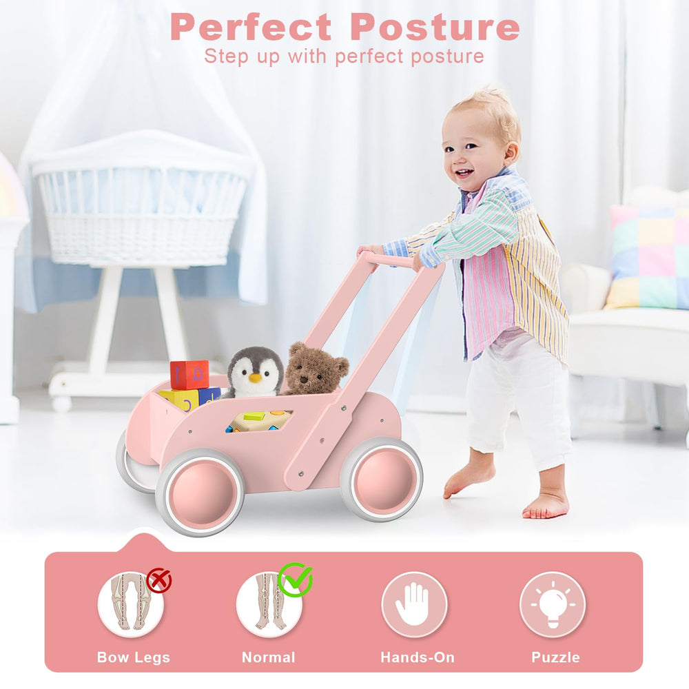 WyfKyd wooden baby walker green front view with easy grip handle