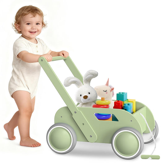 WyfKyd mint green wooden baby walker with anti tipping back wheels for safety