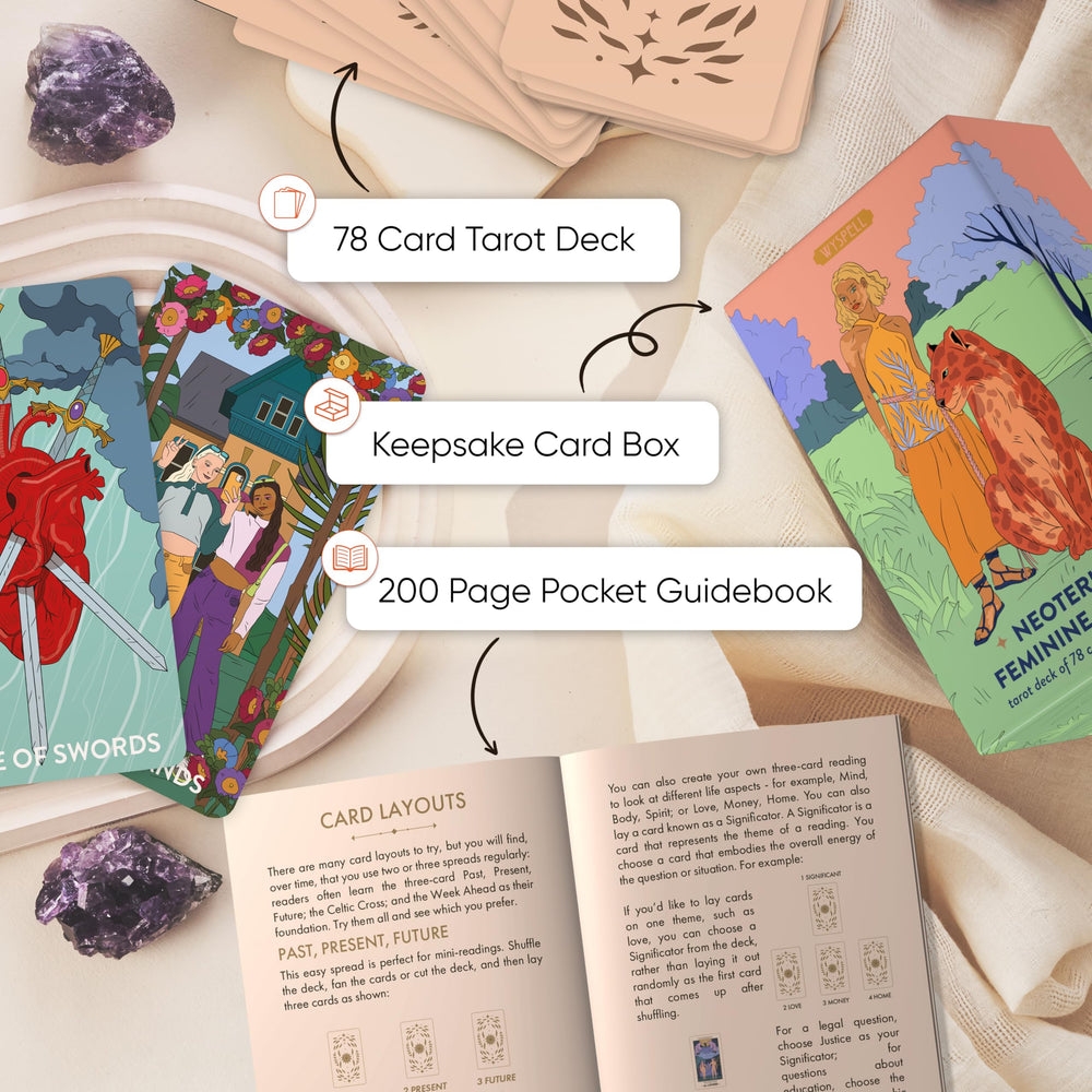 Wyspell pastel pink tarot cards with modern female figures for unique practice