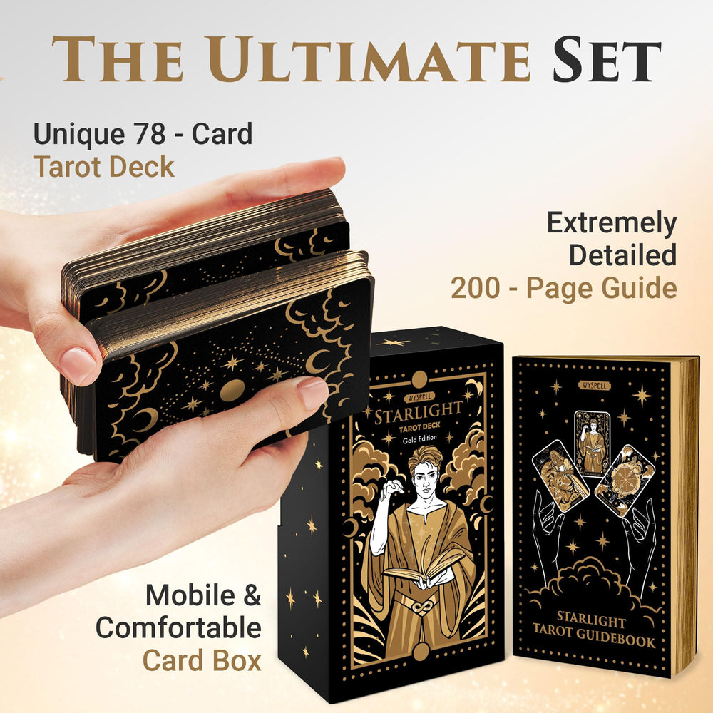 Wyspell Starlight Tarot guide book interior: 200 pages explaining symbols for confidence.