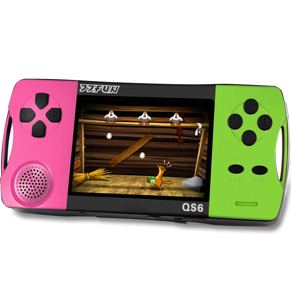 X-JOYKIDS handheld console with rose-green shell for on-the-go play.
