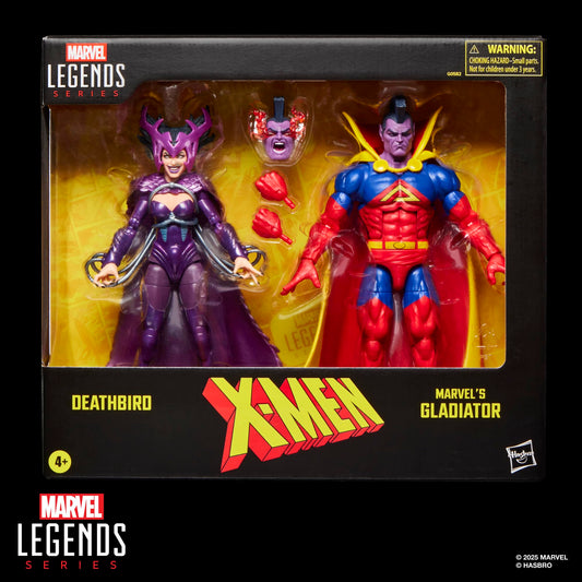 X-Men Deathbird and Gladiator two-pack figures posed for shelf display.