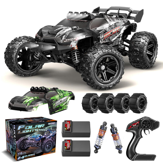 X-TMAGA HS14323 all-terrain RC car front view shows rugged chassis and ready-for-any-terrain performance.