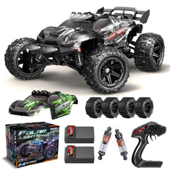 X-TMAGA HS14323 all-terrain RC car front view shows rugged chassis and ready-for-any-terrain performance.