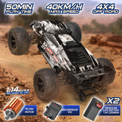 X-TMAGA HS14323 all-terrain RC car rear view highlights sturdy suspension and stability features.