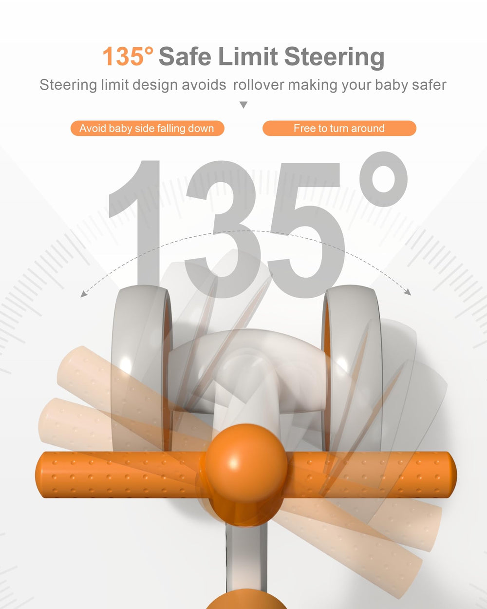 XBONFOE 135-degree steering view reduces tipping during learning.