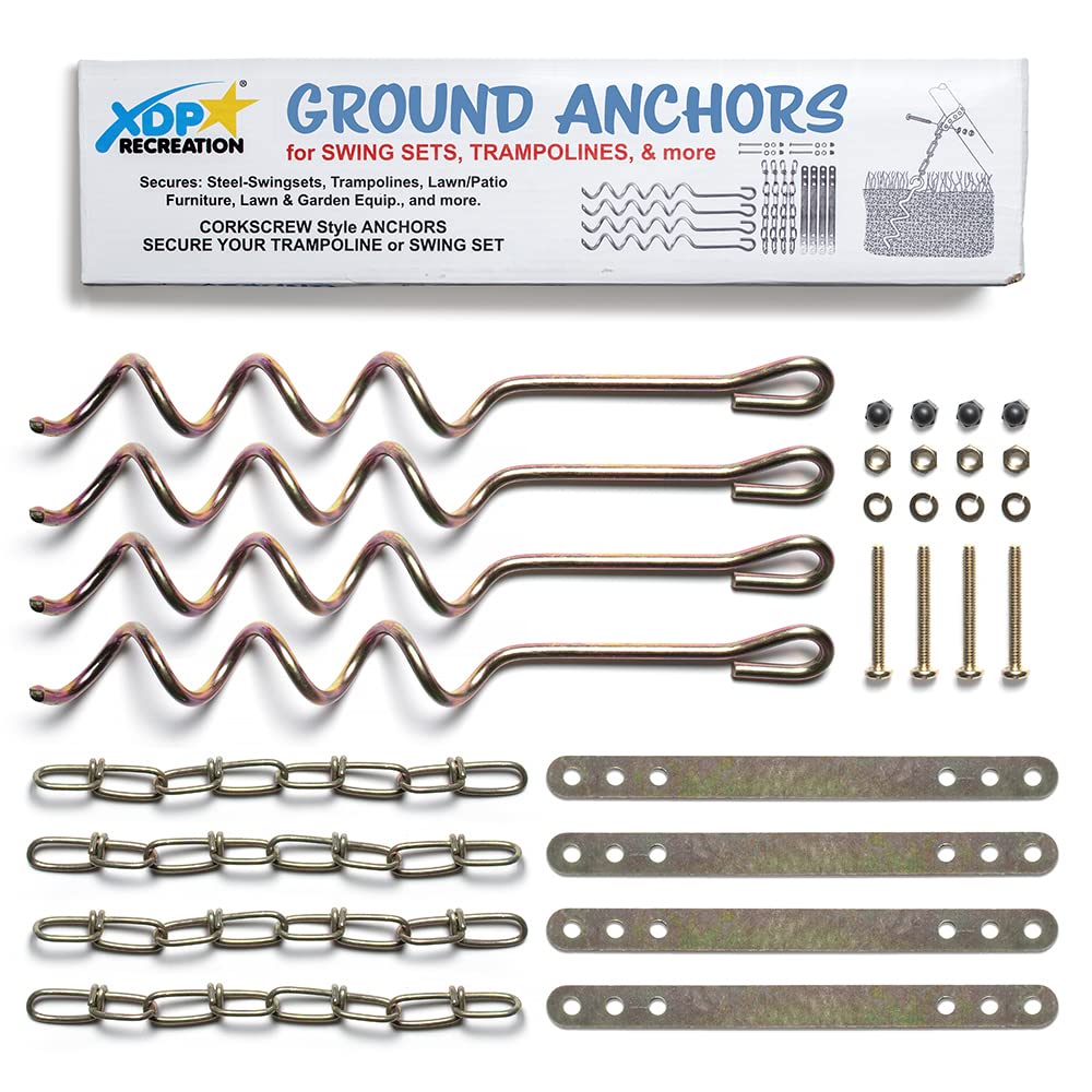 XDP Recreation metal ground anchor kit packaging shows four auger anchors for backyard stability.