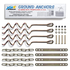 XDP Recreation metal ground anchor kit packaging shows four auger anchors for backyard stability.