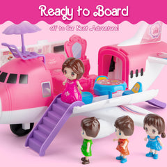 XDUOYJOY pink airplane playset with movable furniture for hands-on play.
