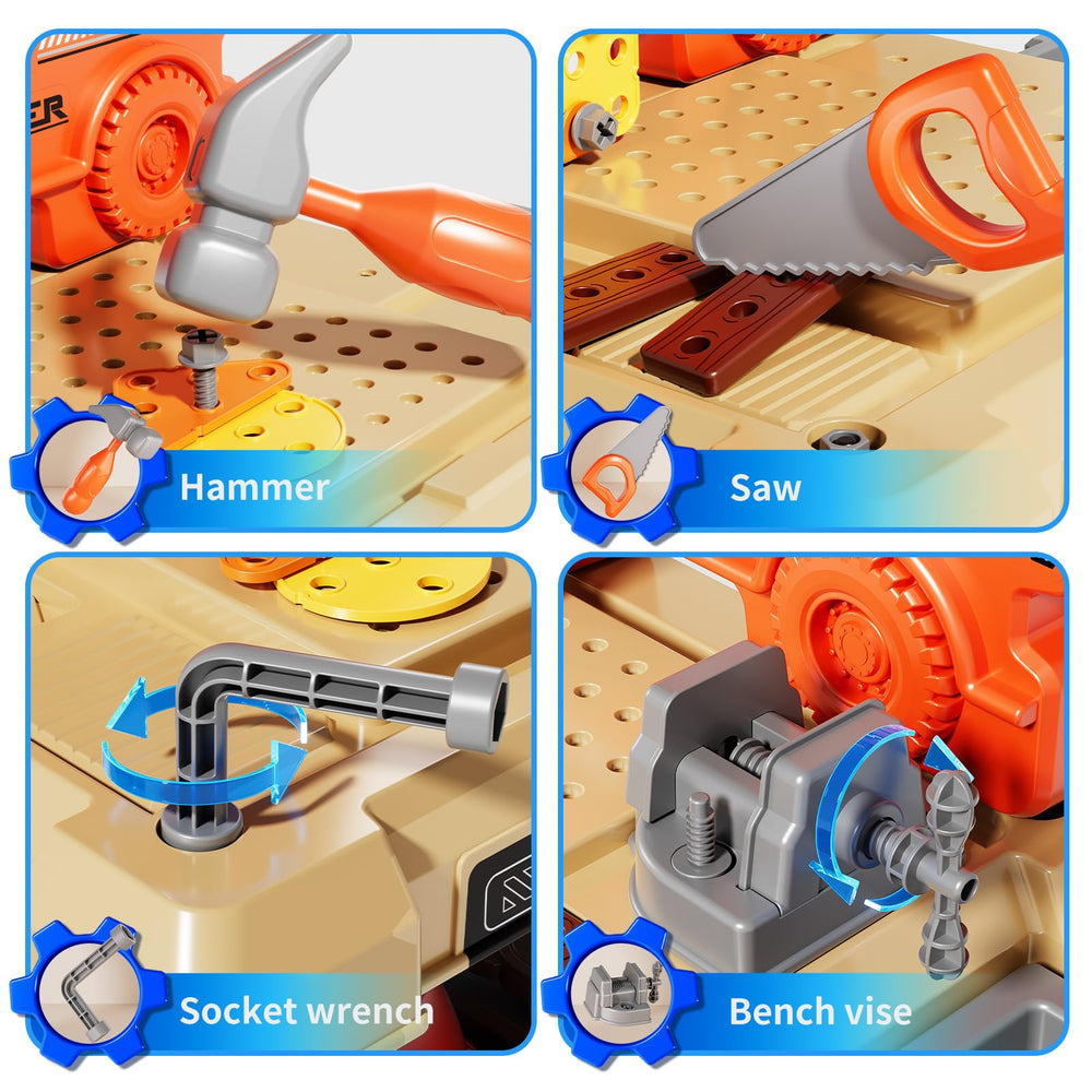 Xelabrion Kids Tool Bench Set tools arranged, highlighting variety for creative projects.