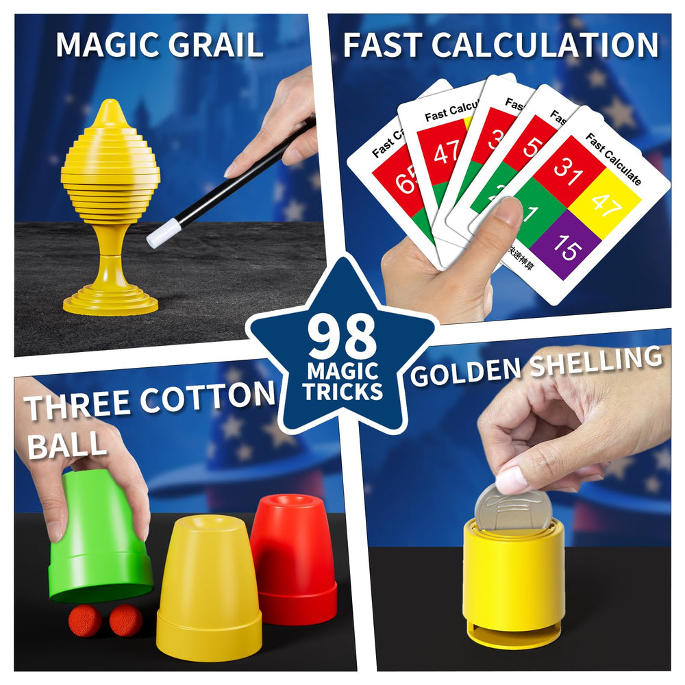 Xelabrion Magic Kit trick setup closeup showing cups and balls in action.