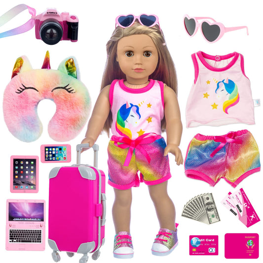 XFEYUE 18-inch doll travel suitcase with wheels for easy transport.