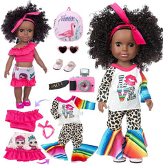 XFEYUE 14.5-inch black doll face detail for immersive imaginative play.