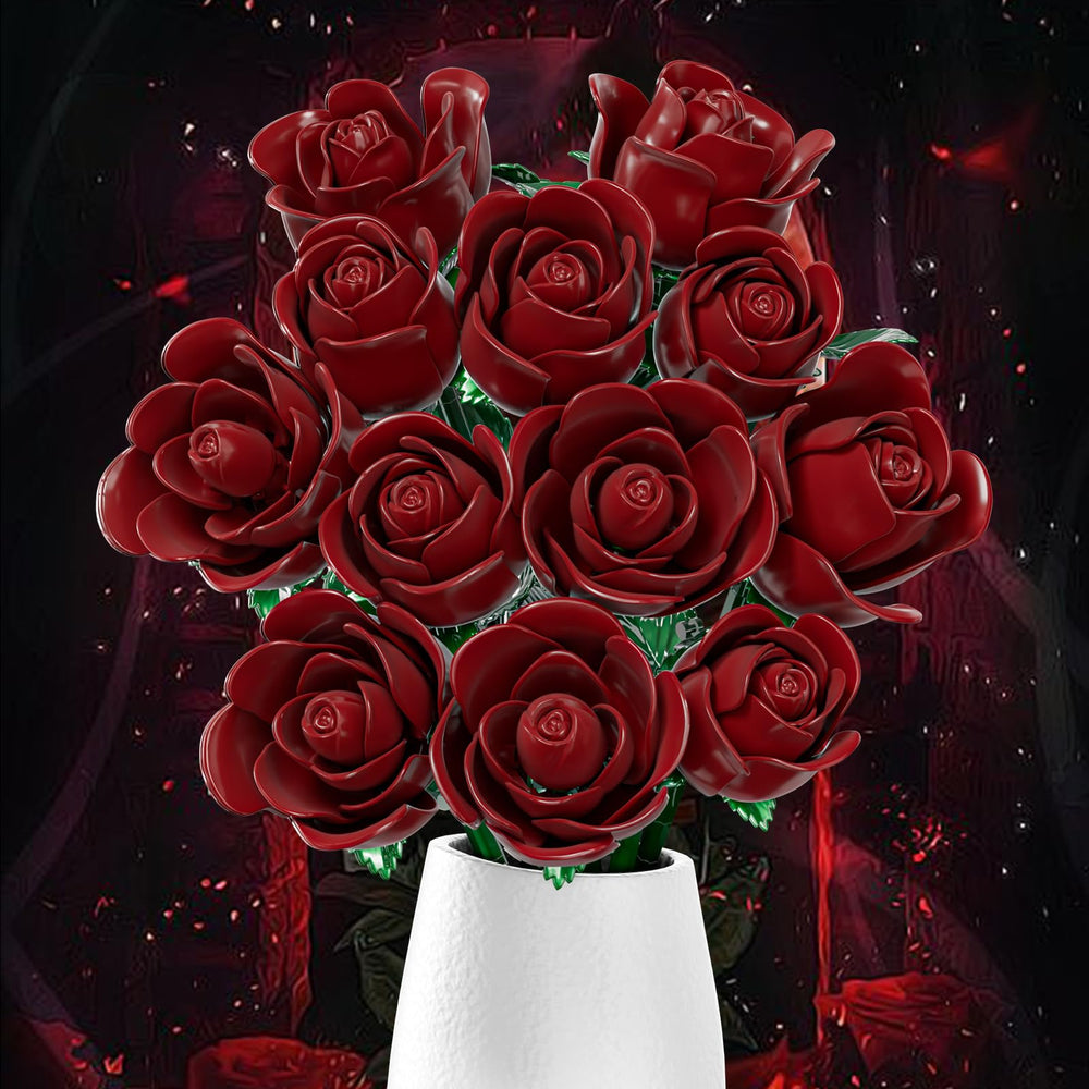 XGSHJ Burgundy Rose Bouquet building set highlights everlasting, maintenance-free floral decor.