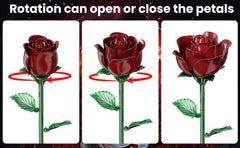 XGSHJ Burgundy Rose Bouquet building set adapts to any vase with adjustable stems.