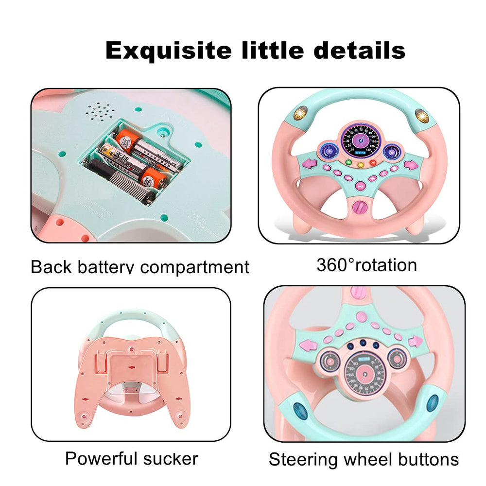 Detail of XHSP steering wheel toy buttons for learning and imagination.