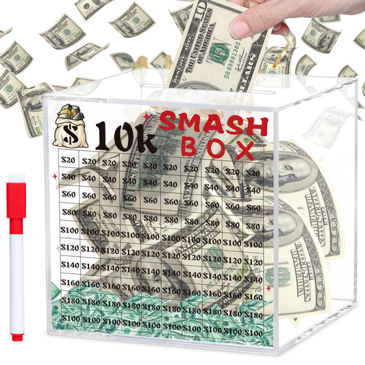 xiheer 10k Smash Box front view, a transparent savings container for tracking progress toward $10,000