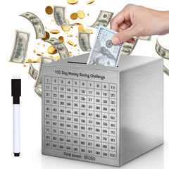 xiheer money saving box on desk with coin slot and progress icons for daily savings