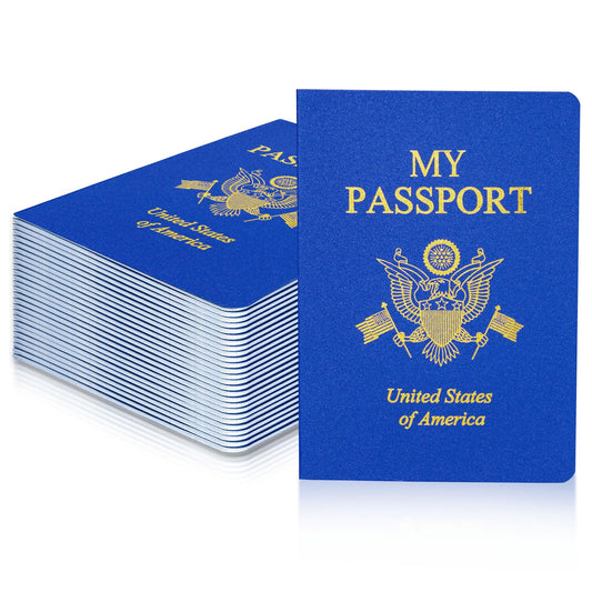 XIISVINT blue passport notebook front cover, ideal for imaginative travel play.