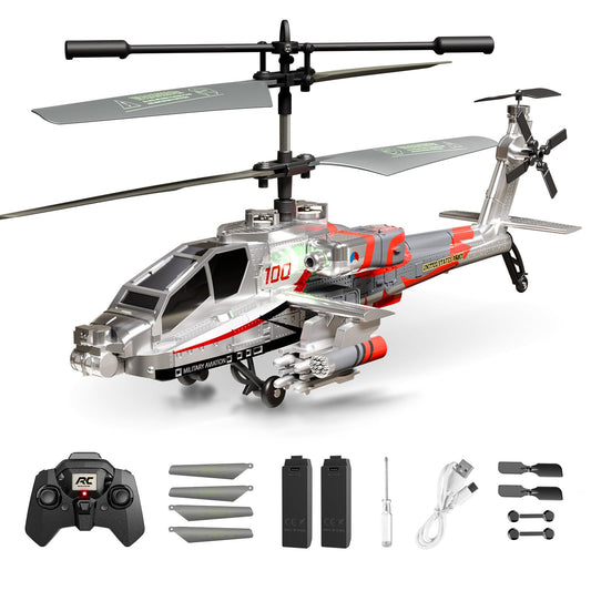XIKOTEC RC helicopter in silvery finish viewed head-on for indoor fun