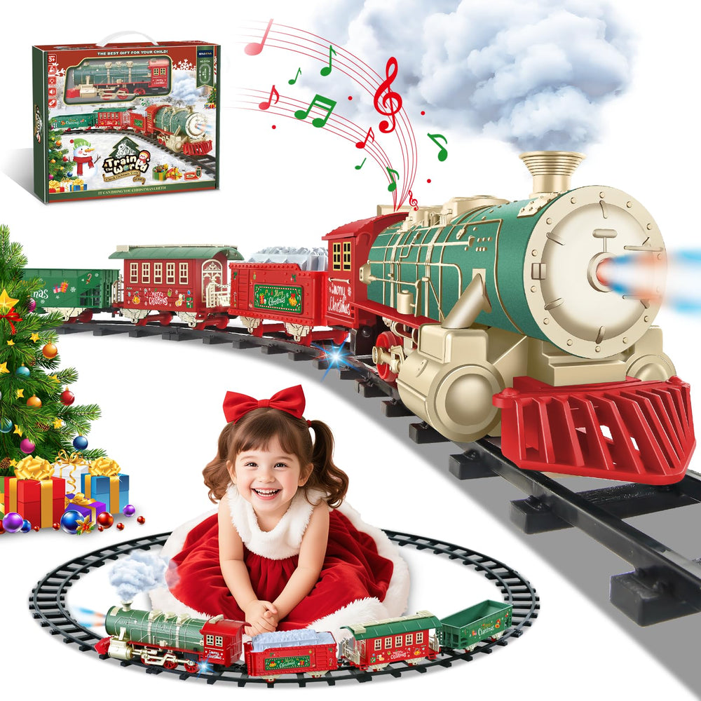 XINGYING Christmas train steam locomotive with lights for magical tree decor.