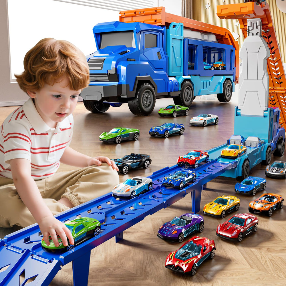 XINNOVEL Transport Truck doubles as storage for cars after play.