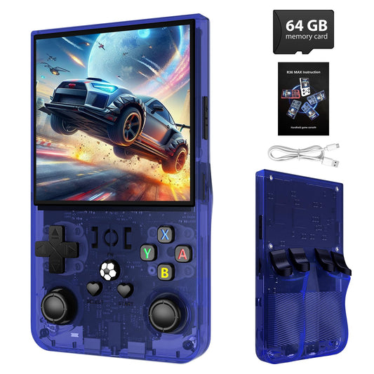 Xiskt R36MAX transparent blue front view highlights portable handheld gaming on the go.