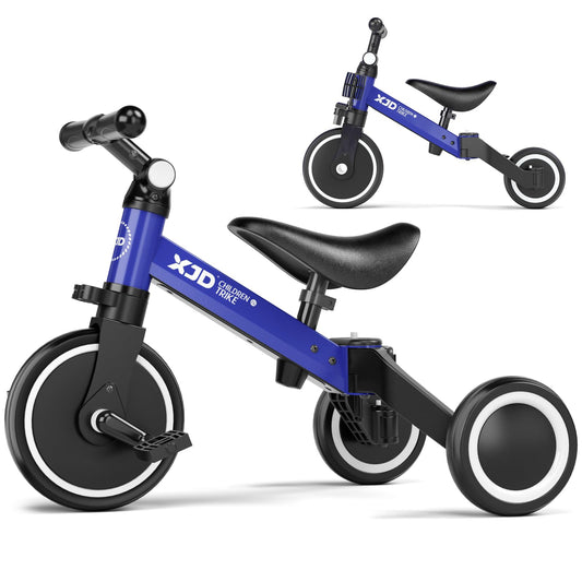 XJD 5-in-1 toddler bike blue side view showcases compact design.