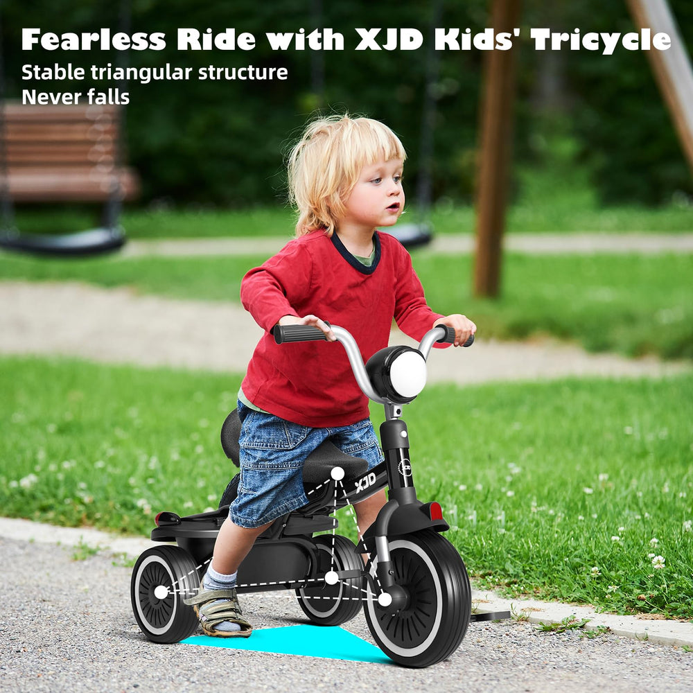 XJD toddler tricycle with adjustable saddle supports growing children.