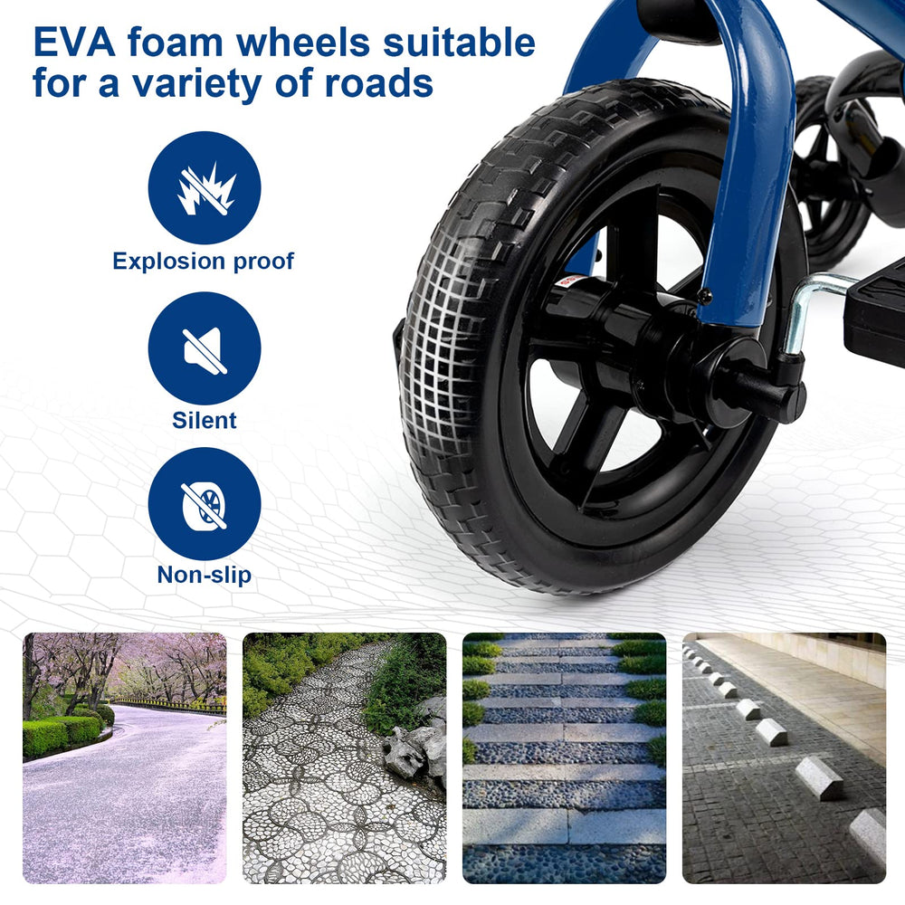 XPIY Tricycle blue puncture-resistant wheels support smooth outdoor trips.