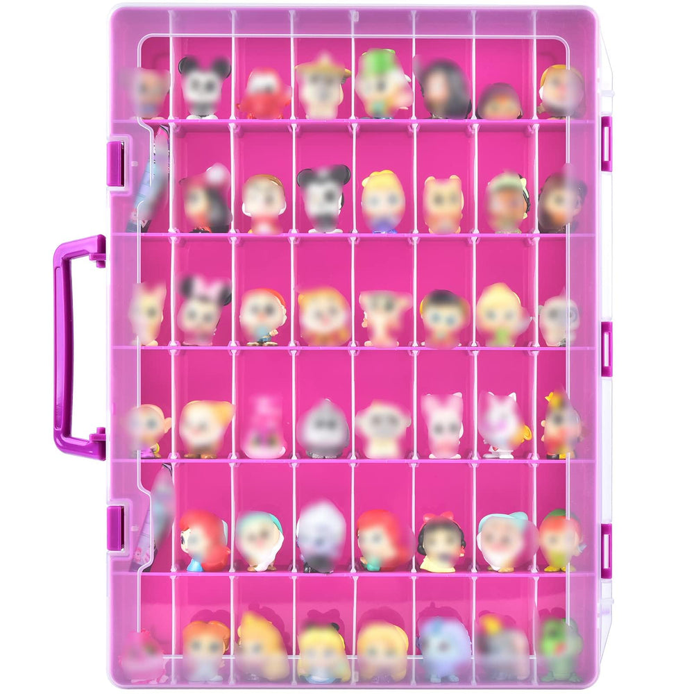 Xuerdon Doorables display case in purple front view shows organized storage for 28+ figures.