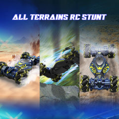 XUERENTECH 4WD RC stunt car performing drift on rugged terrain