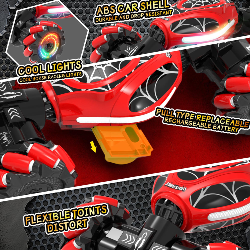 XUERENTECH Spider Gesture RC Car mecanum wheels in action on carpet for indoor fun.