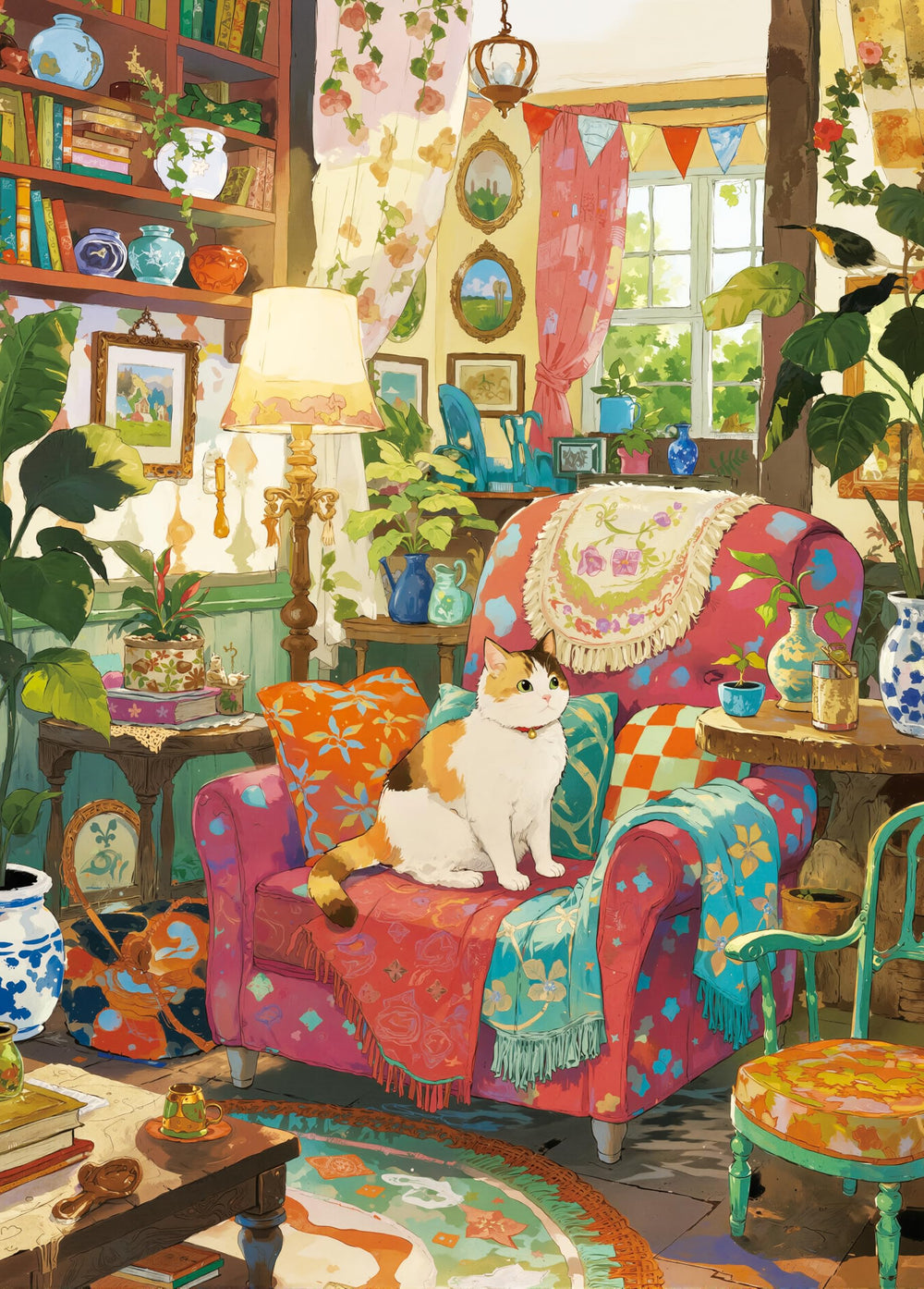XURLEQ Cozy Room puzzle cat on bookshelf scene, ideal for calm evenings.
